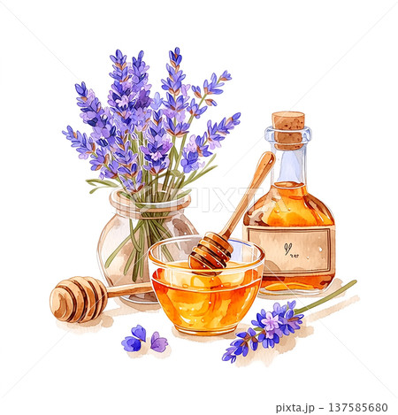 Honey in a bowl with lavender flowers and a jar on a white background during day time 137585680
