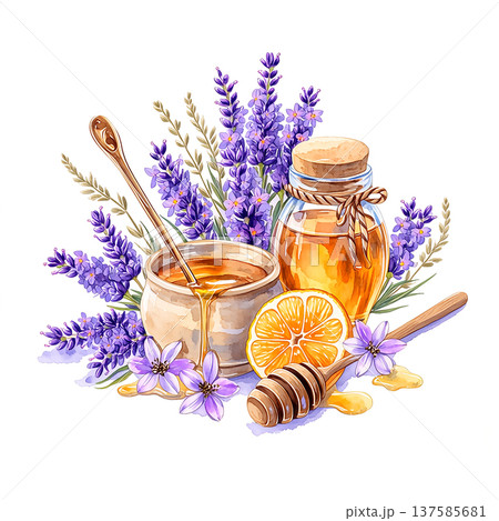 Honey and lavender with a wooden spoon, jar, and lemon on a white background 137585681