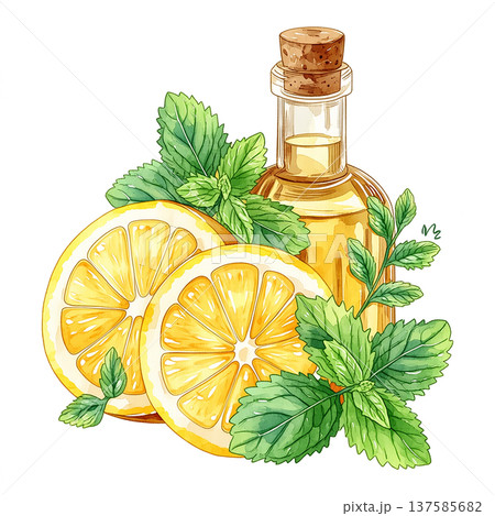 Bottle of oil with lemon slices and mint leaves on a white background showing a fresh and bright natural scene 137585682