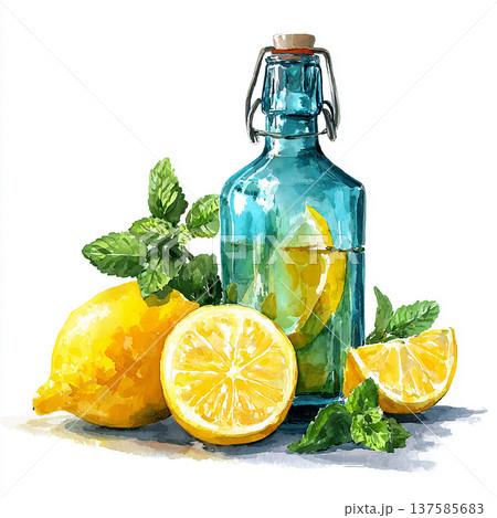 Lemon and mint in a glass bottle on a white background with fresh fruit and herbs Lemon and mint in a glass bottle on a white background with fresh fruit and herbs 137585683