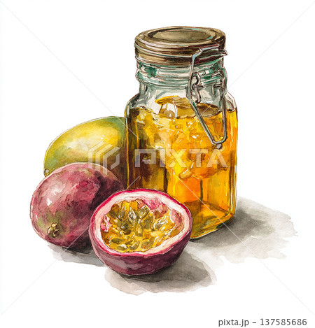 Fresh passion fruit and mango with jar of honey on a white background during daylight hours Fresh passion fruit and mango with jar of honey on a white background during daylight hours 137585686