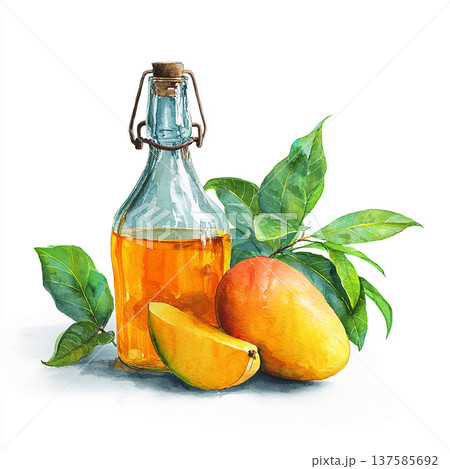 Picture shows a bottle of oil next to a whole mango and a sliced mango with green leaves around them in a bright setting Picture shows a bottle of oil next to a whole mango and a sliced mango with green leaves around them in a bright setting 137585692