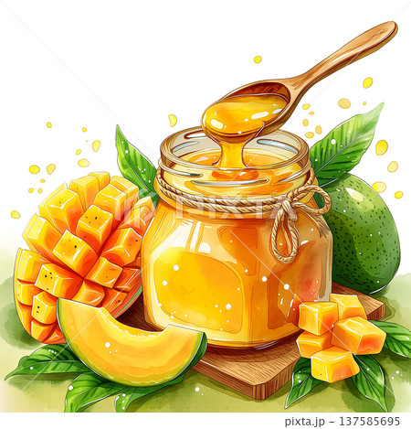 Mango and honey in jar with fresh fruit on wooden board in bright setting Mango and honey in jar with fresh fruit on wooden board in bright setting 137585695