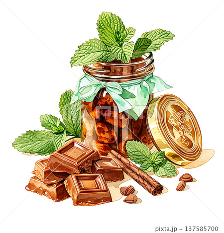 Homemade chocolate jar with mint leaves and cinnamon sticks on a white background 137585700