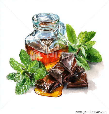 Honey and chocolate with mint on a white background during a sunny day in a kitchen setting 137585702