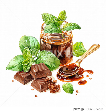 Chocolate and mint blend together in a jar with a spoon and chocolate pieces on a white background 137585703