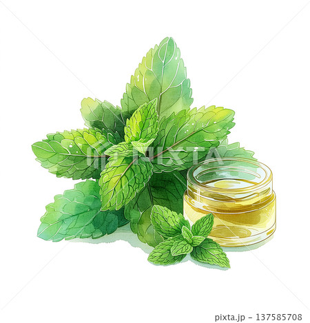 Mint leaves and a small jar of oil sit on a white surface with a simple background 137585708