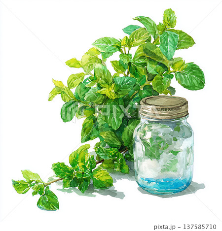 Fresh mint leaves in a jar with water and green stems on a white background in a simple setup Fresh mint leaves in a jar with water and green stems on a white background in a simple setup 137585710