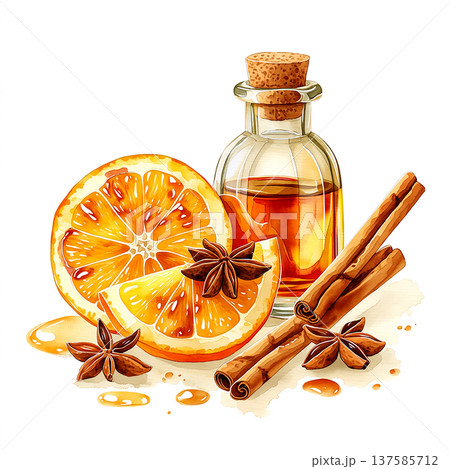 Orange slices, cinnamon sticks and spice oil arranged on a white background in a kitchen setting during daytime Orange slices, cinnamon sticks and spice oil arranged on a white background in a kitchen setting during daytime 137585712