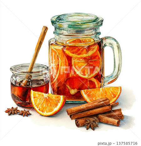 Warm drink with spices, orange slices, and honey on a table Warm drink with spices, orange slices, and honey on a table 137585716