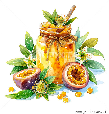 Fresh passion fruit jam with fruit and leaves on a white surface Fresh passion fruit jam with fruit and leaves on a white surface 137585721