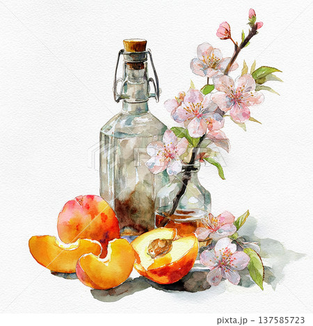 Still life with peaches, bottles, and cherry blossoms on a white background Still life with peaches, bottles, and cherry blossoms on a white background 137585723