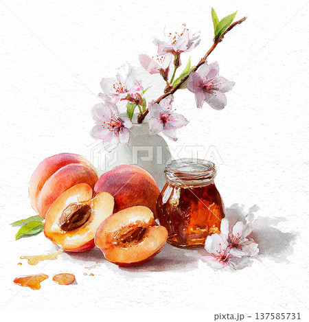Fresh peaches and honey with cherry blossoms on a table in a bright space during springtime Fresh peaches and honey with cherry blossoms on a table in a bright space during springtime 137585731