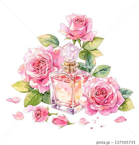 Roses and perfume bottle create a fresh scene in a bright setting with a focus on floral beauty and fragrance 137585735