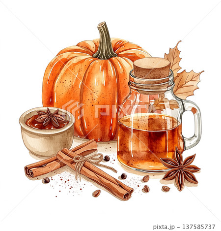 Pumpkin and spices with glass jar in autumn setting for seasonal drinks and recipes Pumpkin and spices with glass jar in autumn setting for seasonal drinks and recipes 137585737