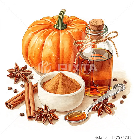 Pumpkin, spices, and syrup are arranged on a table for autumn cooking and baking activities Pumpkin, spices, and syrup are arranged on a table for autumn cooking and baking activities 137585739