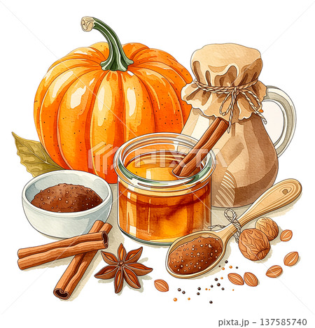 Pumpkin and spice ingredients on a table with jars and utensils for making a seasonal dish in autumn Pumpkin and spice ingredients on a table with jars and utensils for making a seasonal dish in autumn 137585740