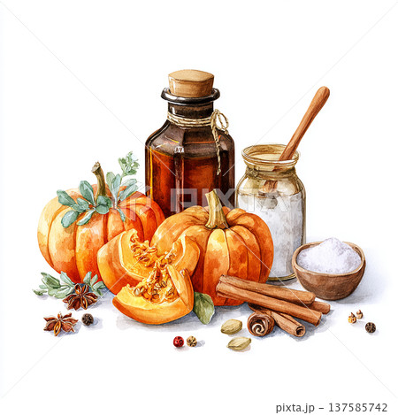 Pumpkins, spices, and jars are arranged on a table for a seasonal cooking activity in a kitchen 137585742