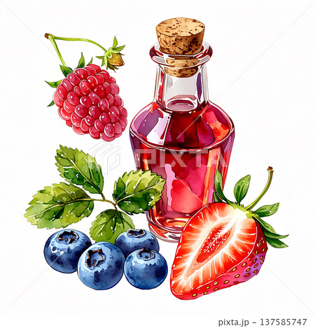 Fruit syrup with berries and mint leaves on a plain white background during daytime 137585747