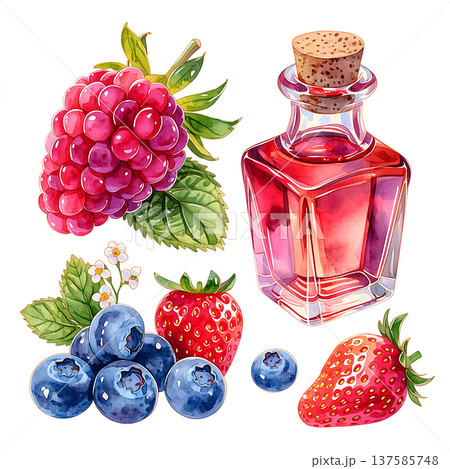 Mixed berries and a glass bottle of syrup with cork in a fresh arrangement on a white background during daytime Mixed berries and a glass bottle of syrup with cork in a fresh arrangement on a white background during daytime 137585748