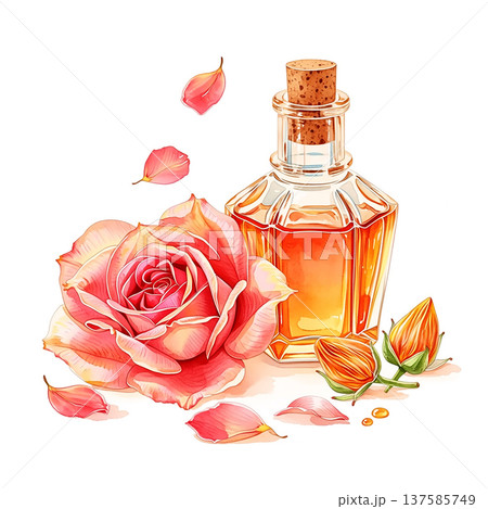 Bottle of rose perfume with pink rose and petals arranged around it in a simple setting 137585749