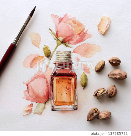 Watercolor painting of a bottle with roses and cardamom placed on a white background during daylight Watercolor painting of a bottle with roses and cardamom placed on a white background during daylight 137585751