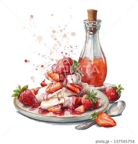 Delicious dessert with strawberries, cream, and sweet sauce on a plate 137585758