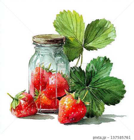 Fresh strawberries in a glass jar with green leaves on a white background showcasing nature's colors Fresh strawberries in a glass jar with green leaves on a white background showcasing nature's colors 137585761