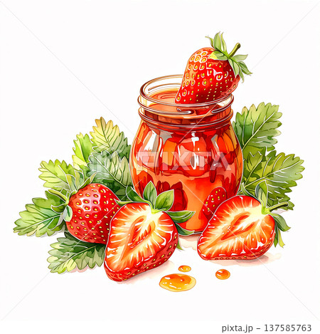 Strawberry jam in a jar with fresh strawberries and green leaves around it in a simple kitchen setting 137585763