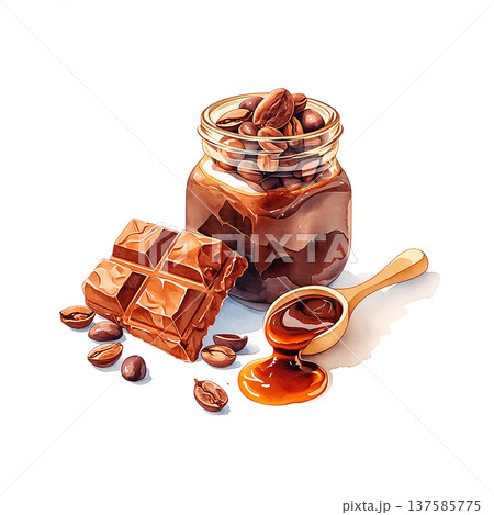 Delicious chocolate spread with coffee beans and caramel on a smooth background in a small jar and nearby chocolate pieces Delicious chocolate spread with coffee beans and caramel on a smooth background in a small jar and nearby chocolate pieces 137585775