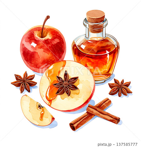 Fresh apple slices with cinnamon sticks, star anise, and syrup bottle on white background 137585777