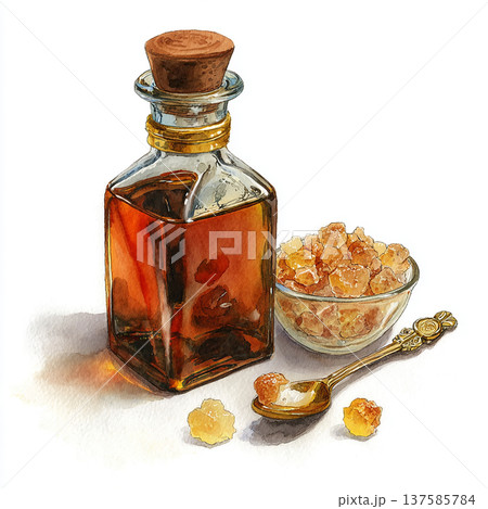 Glass bottle of syrup next to a bowl of sugar crystals and a spoon on a white background 137585784