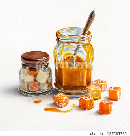 Sweet treats and caramel sauce sit on a clean surface with a spoon resting in a jar during daylight 137585785