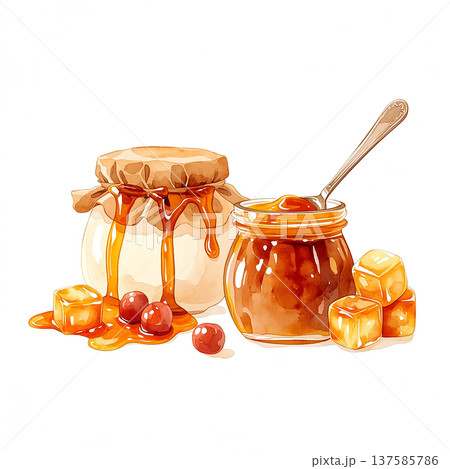 Delicious jars of honey and syrup on a simple white background in a cozy kitchen setting 137585786