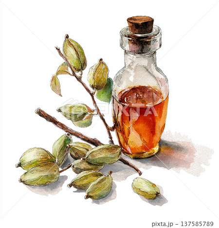 Bottle of oil with plant branches on a white background in a simple setting 137585789