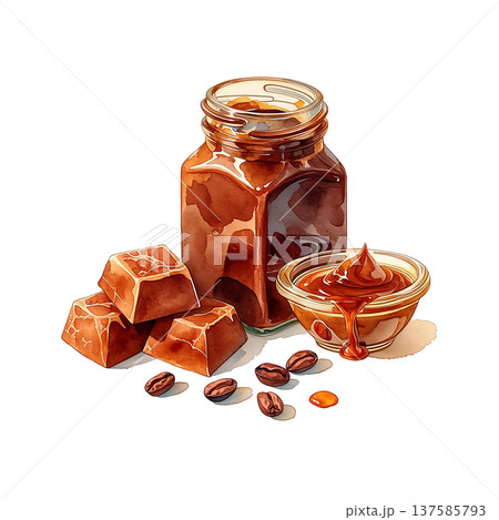 Sweet chocolate spread with chocolate bars and coffee beans on a plain background in soft light Sweet chocolate spread with chocolate bars and coffee beans on a plain background in soft light 137585793