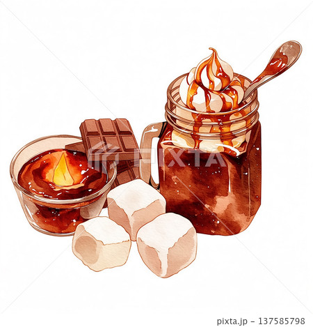 Warm drink with chocolate, marshmallows, and caramel in cozy setting during winter evening Warm drink with chocolate, marshmallows, and caramel in cozy setting during winter evening 137585798