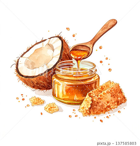 Coconut and honey jar with wooden spoon and honeycomb pieces on a clean background 137585803