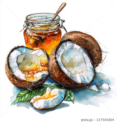 Fresh coconut halves next to jar of honey with spoon on blue surface with green leaves 137585804
