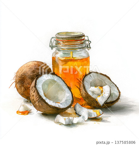 Coconut pieces next to jar of honey on white background with some coconut shavings around Coconut pieces next to jar of honey on white background with some coconut shavings around 137585806