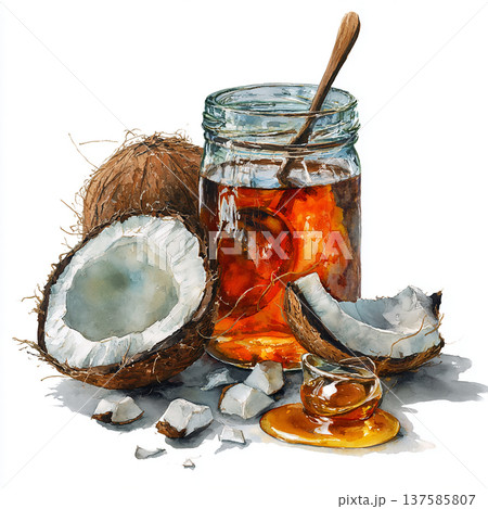 Fresh coconut and honey jar with open coconuts on a white background during midday Fresh coconut and honey jar with open coconuts on a white background during midday 137585807