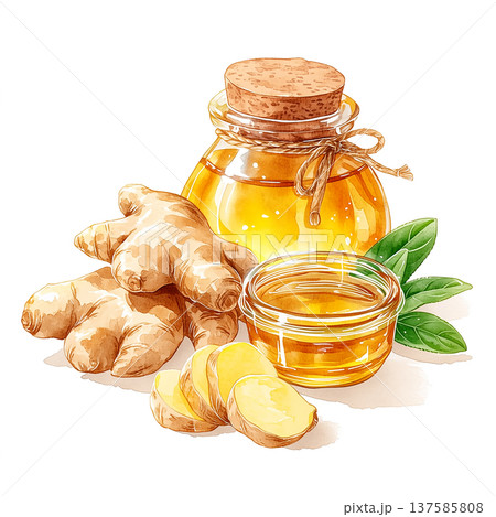 Ginger root and honey in glass jar with green leaves on white background during daytime Ginger root and honey in glass jar with green leaves on white background during daytime 137585808