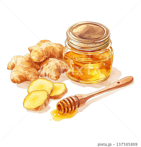 Ginger roots and honey in a glass jar with a wooden dipper placed on a table 137585809