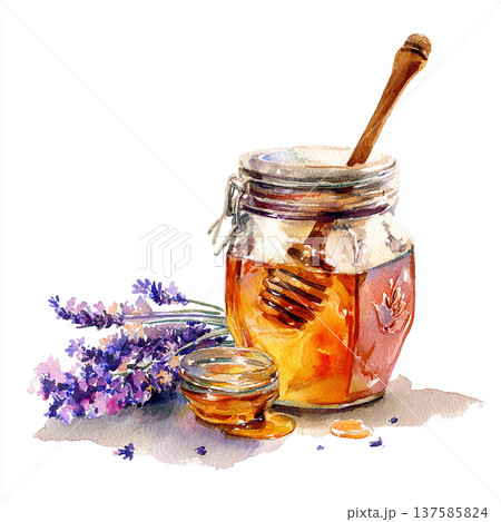 Honey jar with lavender flowers and honey dipper on a white background in a simple setting 137585824