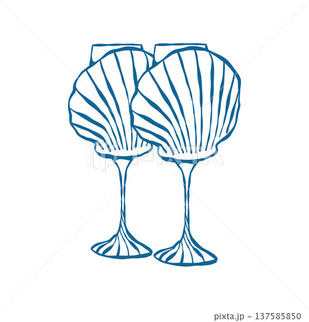 Outline illustration of a pair of seashell-shaped wine glasses. Vintage-style clipart in blue. Vector illustration for weddings, birthdays, and nautical-themed parties. Coastal clipart Outline illustration of a pair of seashell-shaped wine glasses. Vintage-style clipart in blue. Vector illustration for weddings, birthdays, and nautical-themed parties. Coastal clipart 137585850