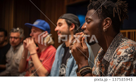 Group of diverse musicians playing harmonicas together in a recording studio, focused expressions and instruments visible, wooden paneling in the background Group of diverse musicians playing harmonicas together in a recording studio, focused expressions and instruments visible, wooden paneling in the background 137585943