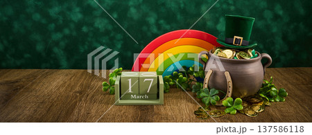 St. Patrick's day celebration with pot of gold and shamrocks 137586118