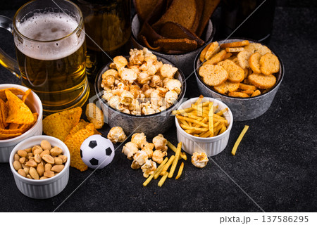 Beer and different snacks for Superbowl or football party Beer and different snacks for Superbowl or football party 137586295