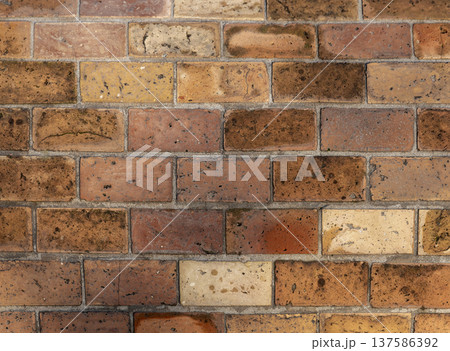 Weathered red and yellow brick wall background photo 137586392