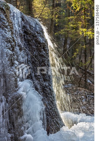 Icy cascade. Water flows over stone, forming abstract ice sculptures in winter's grip. Trees stand tall in the background, creating a contrast of cold and warmth. Icy cascade. Water flows over stone, forming abstract ice sculptures in winter's grip. Trees stand tall in the background, creating a contrast of cold and warmth. 137586460